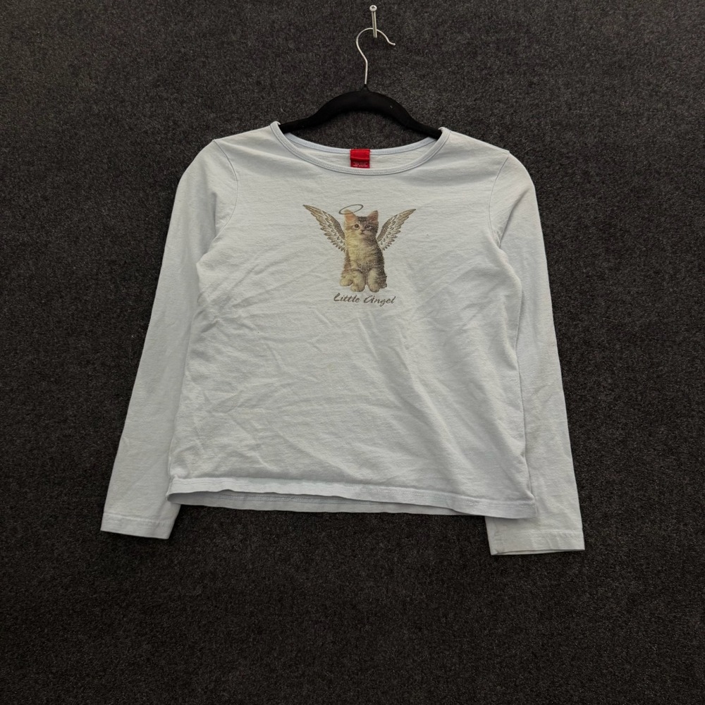 Y2K Little Angel Kitten Graphic Baby Tee Light Blue Long Sleeve Small
